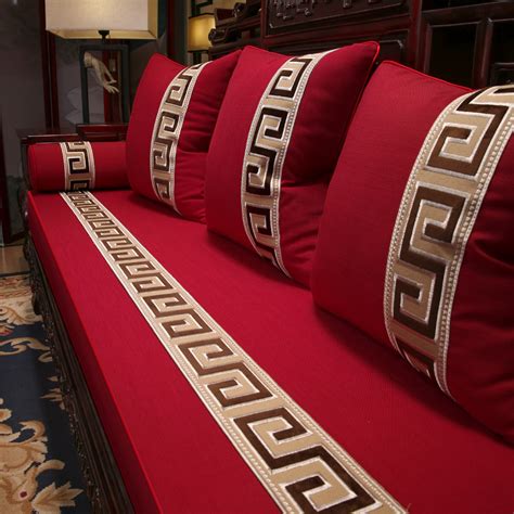 新中式沙发坐垫靠背垫红木家具罗汉床垫套罩乳胶垫棉麻五件套定制_虎窝淘