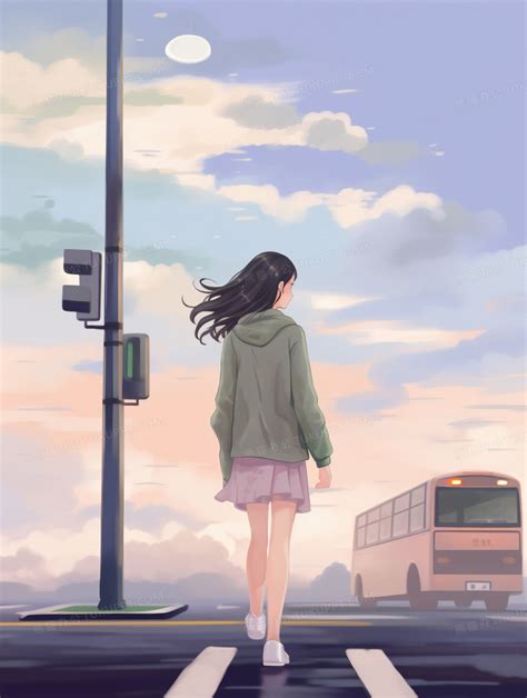 放学行走在马路上的女生插画图片素材下载_jpg格式_熊猫办公