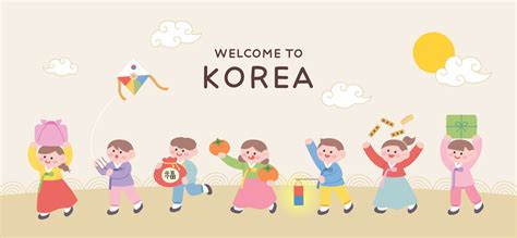 Welcome banner to visit Korea. Cute children in Korean traditional ...