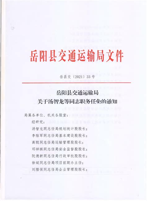 关于汤智龙等同志职务任免的通知-岳阳县政府网