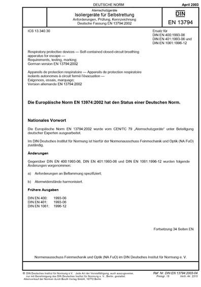DIN EN 13794:2003 DE - Atemschutzgeräte - Isoliergeräte für ...