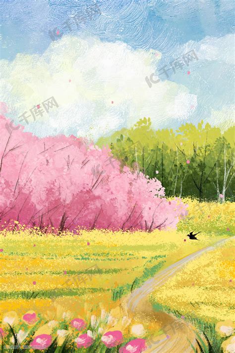 春天油画风景樱花和油菜花插画图片-千库网