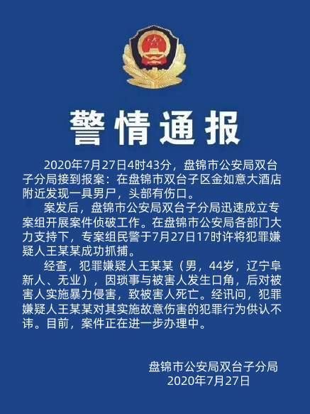 辽宁盘锦一酒店附近发现男尸，警方：犯罪嫌疑人被抓获|界面新闻 · 快讯