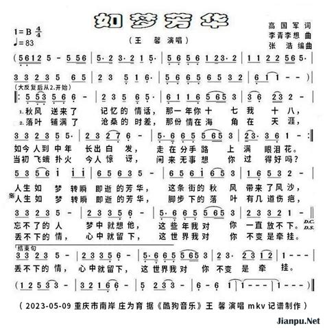 《如梦芳华》简谱王馨原唱 歌谱-曲谱爱好者制谱-钢琴谱吉他谱|www.jianpu.net-简谱之家