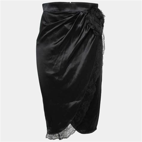 D&G Black Silk Satin Lace Trimmed Draped Skirt M D&G | The Luxury Closet