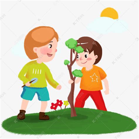 植树节两小男孩快乐种树手绘人物PNG素材图片免费下载-千库网