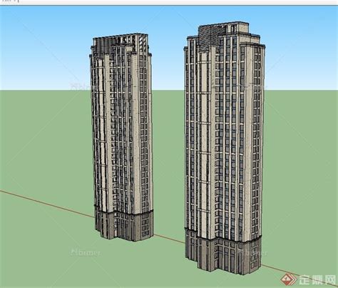 现代风格两栋高层住宅建筑楼设计su模型[原创] - SketchUp模型库 - 毕马汇 Nbimer