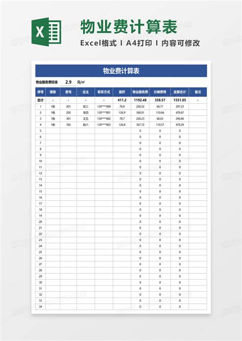 物业费计算表Excel模板下载_熊猫办公