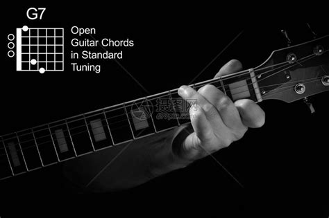 在标准调音吉他教程系列中打开吉他和弦手在吉他上弹奏G7和弦的特写镜头高清图片下载-正版图片504075878-摄图网