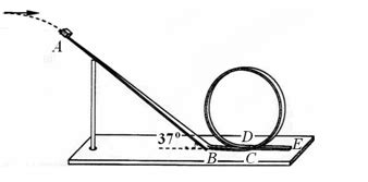 （14分）为了研究过山车的原理，某兴趣小组提出了下列设想：取一个与水平方向夹角为37°、长为l=2.0m的粗糙倾斜轨道AB，通过水平轨道BC与 ...