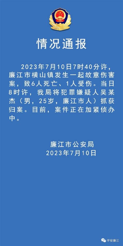 广东廉江公安通报：横山镇发生一起故意伤害案致6死1伤，嫌犯已抓获归案_杭州网