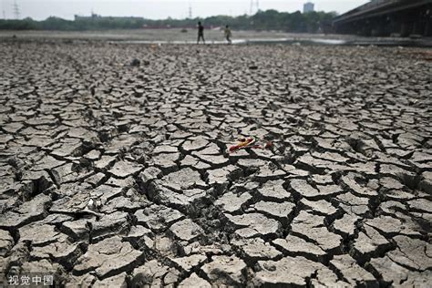 印度高温天气持续 烈日炎炎下亚穆纳河河床开裂干涸