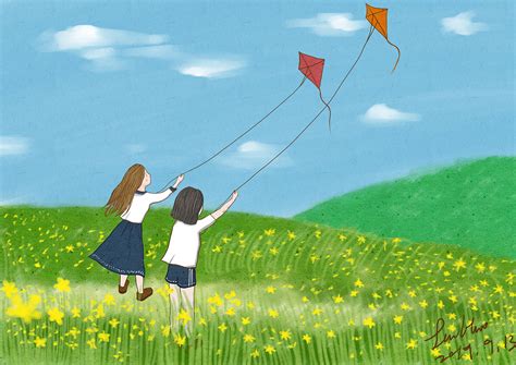 童趣放风筝手绘插画PSD素材免费下载_红动中国