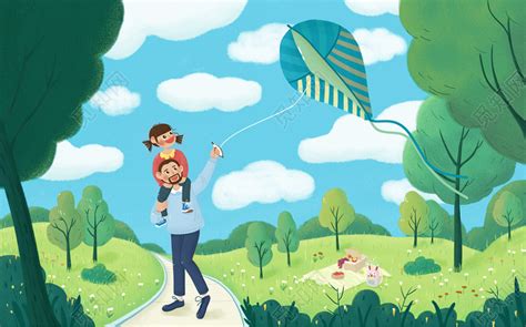 父亲节卡通放风筝的父女旅游日原创插画素材免费下载 - 觅知网