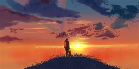 少年登山顶看夕阳插画插画图片下载-正版图片500548109-摄图网