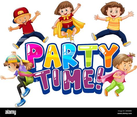 Font design for word party time with happy kids smiling illustration ...