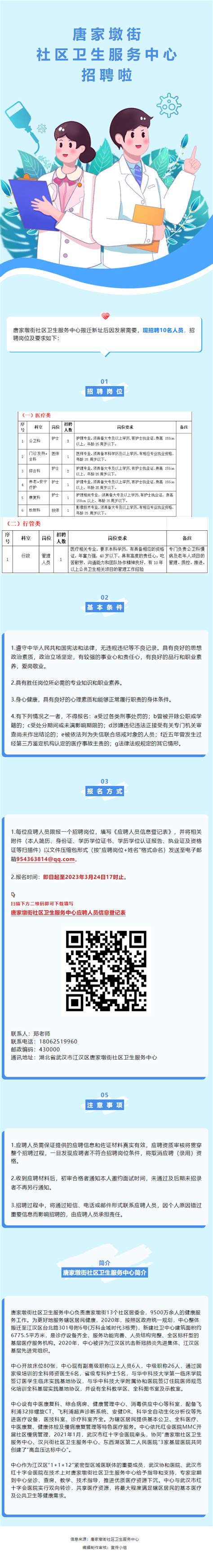 武汉市唐家墩街社区卫生服务中心2023年招聘工作人员10人