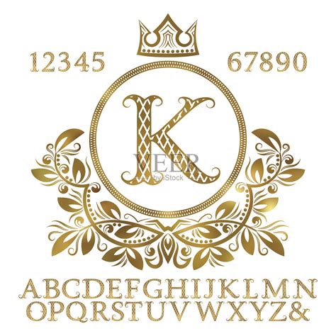 金色图案的字母和数字与首字母组合在盾形。闪亮的字体和元素的标签设计工具包。插画图片素材_ID:159464700-Veer图库