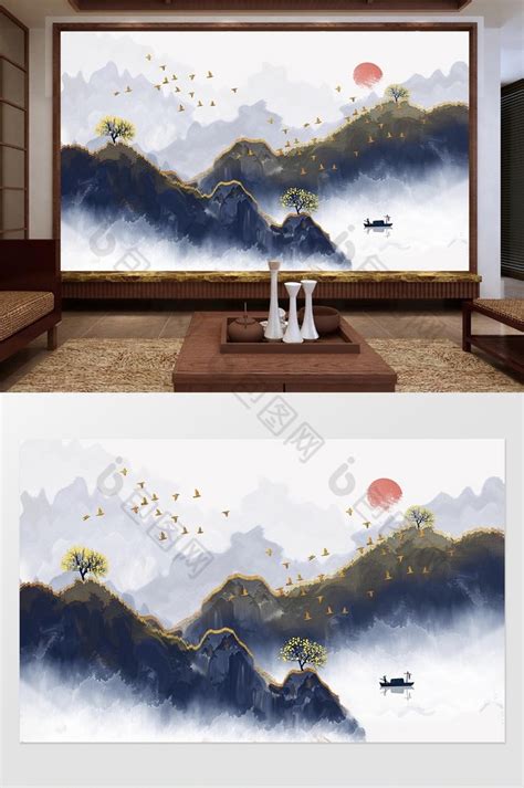 新中式创意金色山峦飞鸟定制背景墙效果图-【包图网】