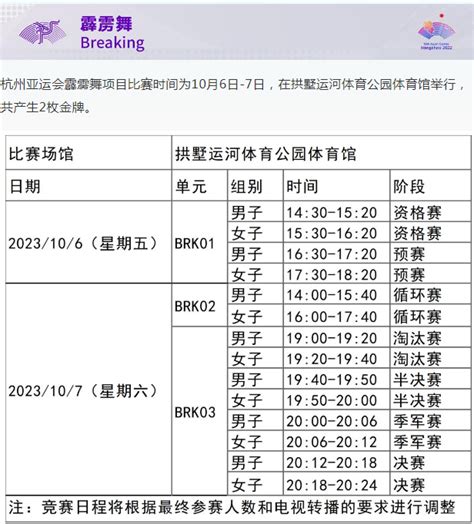 2023杭州亚运会完整赛程表(含多项比赛项目)