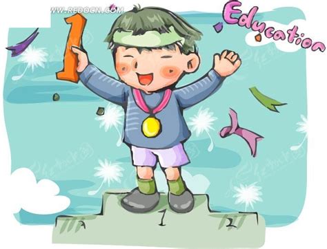 站在领奖台上第一名的卡通小男孩EPS素材免费下载_红动中国