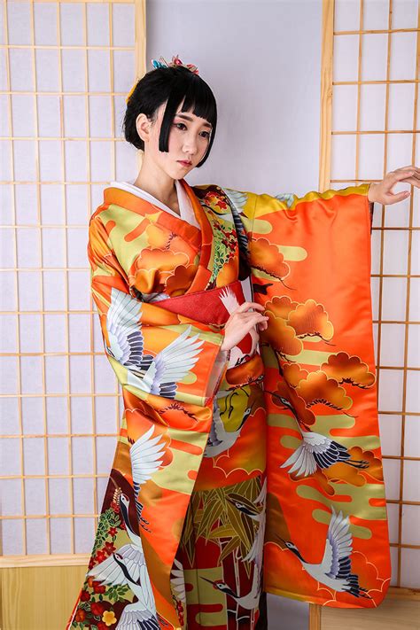 和服正装女振袖和服定位印花仙鹤柄衣长165传统版和服演出服-阿里巴巴