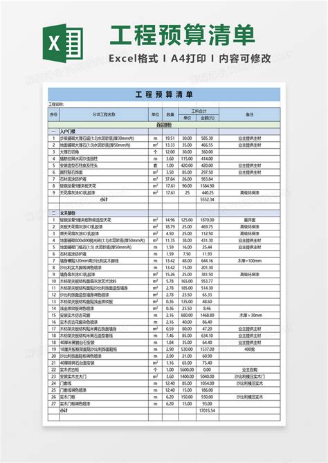工程预算清单Excel模板下载_熊猫办公