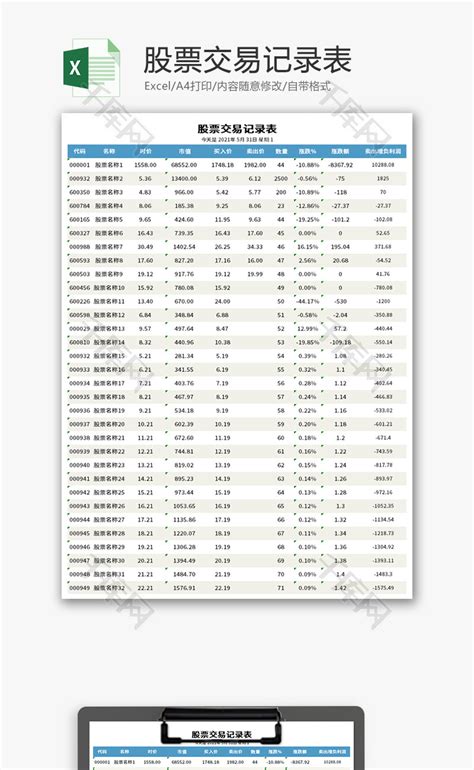 股票交易记录表Excel模板_千库网(excelID：146874)
