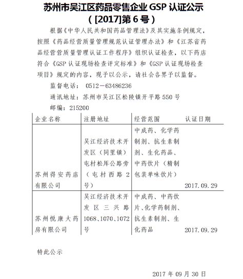 苏州市吴江区药品零售企业GSP认证公示（[2017]第6号）_公示公告