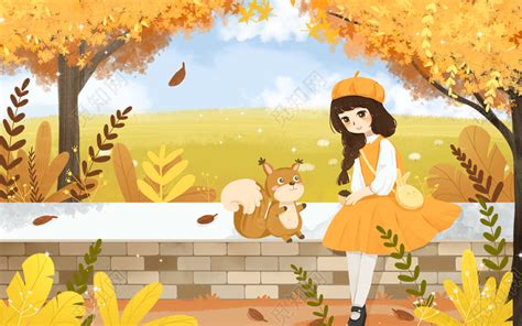 黄色卡通手绘世界动物日秋天少女出游原创海报插画素材免费下载 - 觅知网