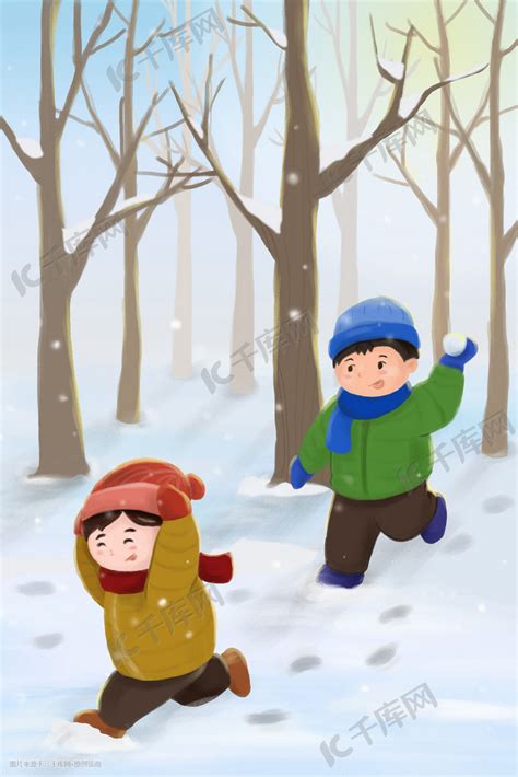 大雪孩子打雪仗手绘插画图片-千库网