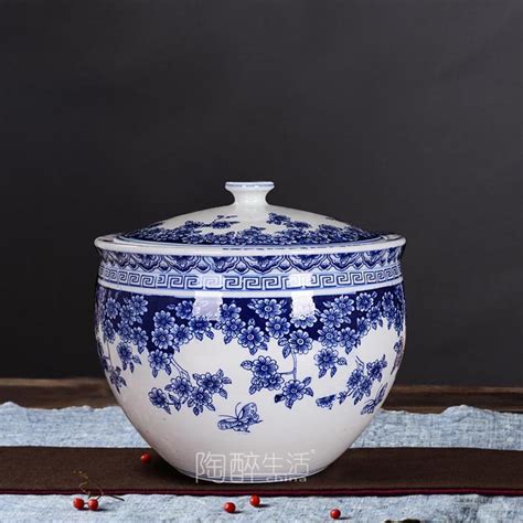 新款中式陶瓷米缸 家用带盖水缸 蓝色米桶20斤30斤密封罐防虫防潮