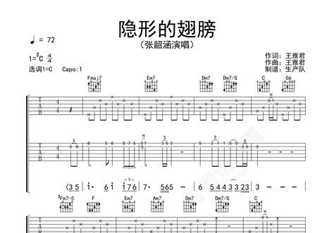 隐形的翅膀吉他谱 张韶涵 进阶C♯/D♭大调民谣 弹唱谱-吉他谱中国