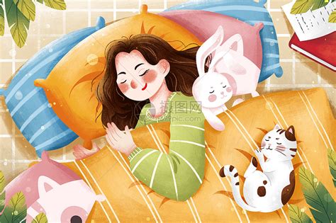 睡眠日睡觉女孩与猫咪插画插画图片下载-正版图片401691744-摄图网