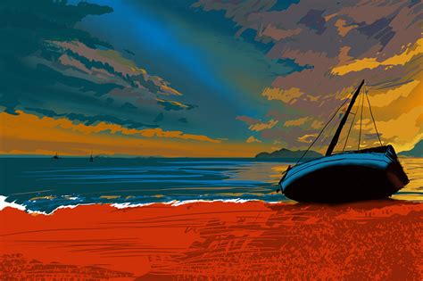 黄昏中的海滩上一只搁浅的船|插画|商业插画|烟云吐秀l - 原创作品 - 站酷 (ZCOOL)