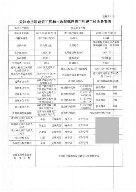 天津市房屋建筑和市政基础设施工程竣工验收备案表（观文轩4号楼）