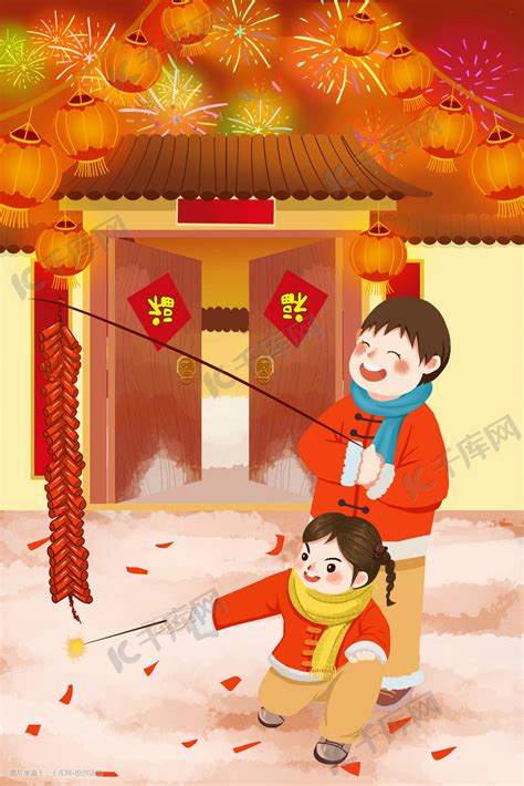 新年春节过节放鞭炮插画图片-千库网