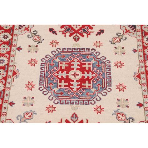 Geometric Beige Kazak Foyer Rug Hand-Knotted Wool Carpet - 3