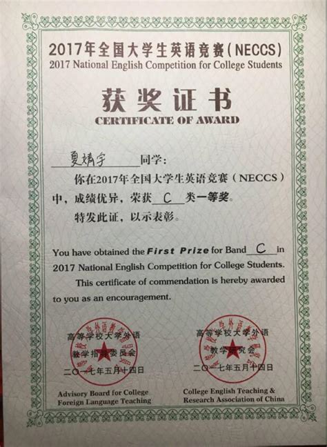 全国大学生英语竞赛简写为NECCS——近三年（2017-2019）我校学生获得一等奖展示