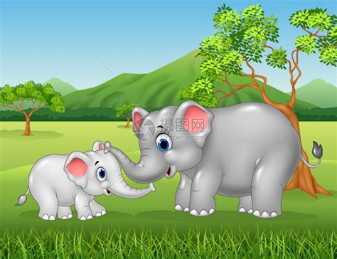 卡通大象母亲和小象在丛林中玩耍插画图片下载-正版图片303224690-摄图网