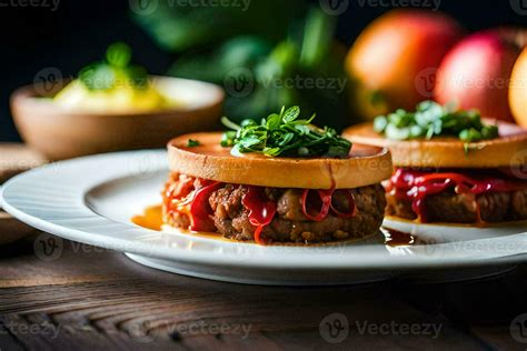 two meat sandwiches on a plate with apples and other vegetables. AI ...