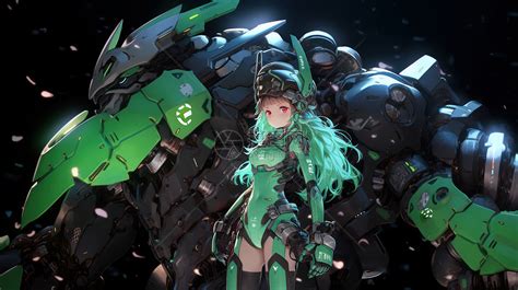 穿绿色机甲战服的可爱卡通女孩与巨大机器人插画图片下载-正版图片402499020-摄图网