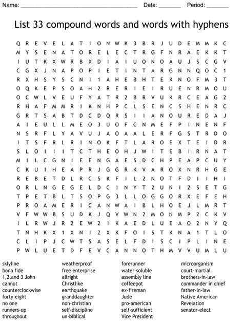 List 33 compound words and words with hyphens Word Search - WordMint