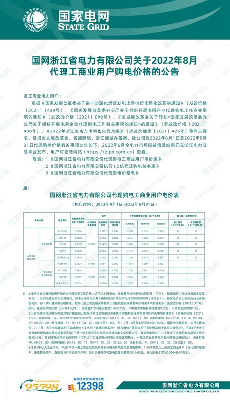 国网浙江省电力有限公司关于2022年8月代理购电价格公告1