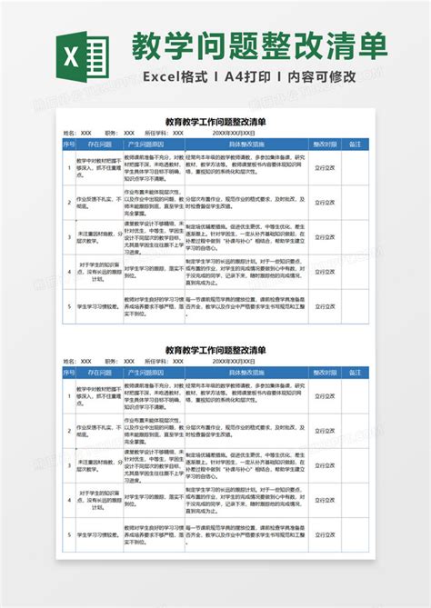 实用教育教学工作问题整改清单EXCEL模板下载_工作_图客巴巴