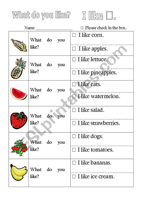 What do you like? - ESL worksheet by texskyline
