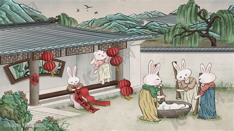 2023癸卯兔年古风兔子过年插画图片-千库网
