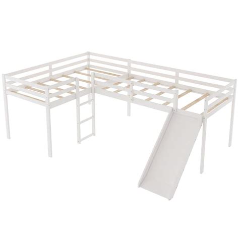 Twin Loft Bed, L-Shape Loft Beds w/Ladder & Slide, Low Loft Bed, White ...