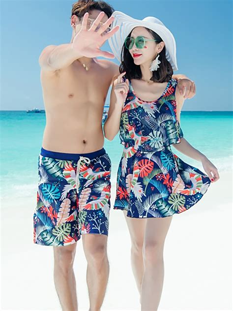 沙滩情侣泳衣套装 女比基尼三件套显瘦海边拍婚纱照 度假情侣泳装-阿里巴巴