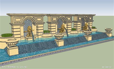 欧式住宅小区水景 (32)SU模型 跌水喷泉SU模型